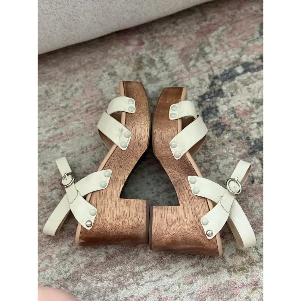 Sam Edelman Women’s Sz 10 Josephine Wood Block Platform Sandals Cream Leather